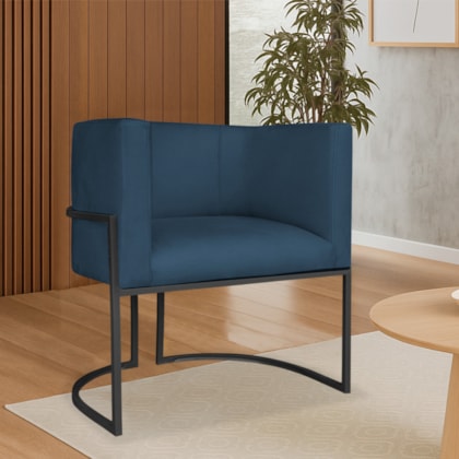 Poltrona Dália Luxo Moderna Estofada Design Sofisticado com Base de Ferro Preto Suede Azul Marinho