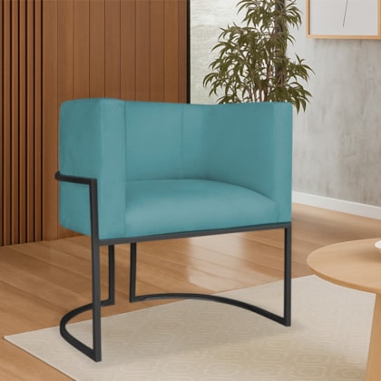 Poltrona Dália Luxo Moderna Estofada Design Sofisticado com Base de Ferro Preto Suede Azul Turquesa