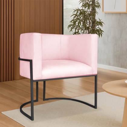 Poltrona Dália Luxo Moderna Estofada Design Sofisticado com Base de Ferro Preto Suede Rosa Bebê