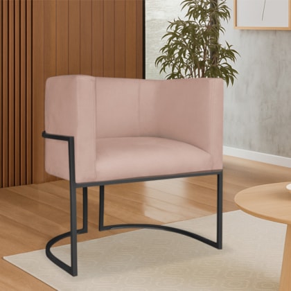 Poltrona Dália Luxo Moderna Estofada Design Sofisticado com Base de Ferro Preto Suede Rose