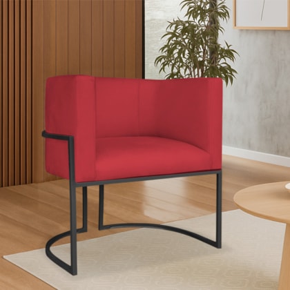 Poltrona Dália Luxo Moderna Estofada Design Sofisticado com Base de Ferro Preto Suede Vermelho