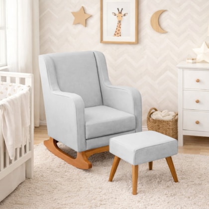 Poltrona de Amamentação Balanço e Puff Aurora Bouclé Cinza