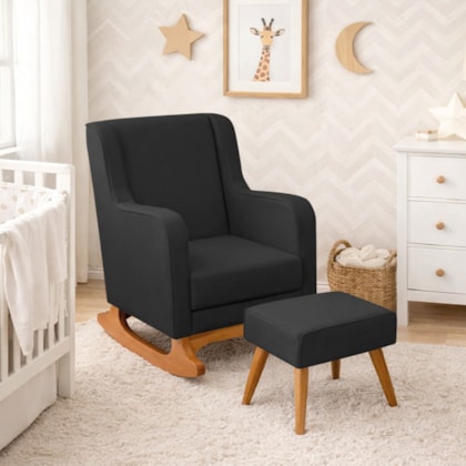 Poltrona de Amamentação Balanço e Puff Aurora Bouclé Preto