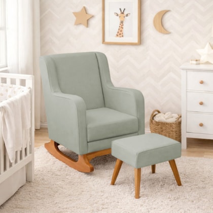 Poltrona de Amamentação Balanço e Puff Aurora Bouclé Verde Oliva