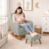 Poltrona de Amamentação Balanço e Puff Aurora Bouclé Verde Oliva
