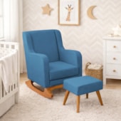 Poltrona de Amamentação Balanço e Puff Aurora Linho Azul Royal