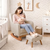 Poltrona de Amamentação Balanço e Puff Aurora Linho Bege