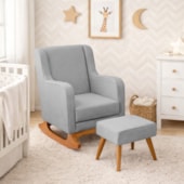 Poltrona de Amamentação Balanço e Puff Aurora Linho Cinza Claro