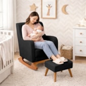 Poltrona de Amamentação Balanço e Puff Aurora Linho Preto