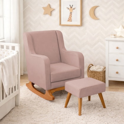 Poltrona de Amamentação Balanço e Puff Aurora Linho Rose