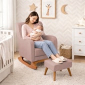 Poltrona de Amamentação Balanço e Puff Aurora Linho Rose