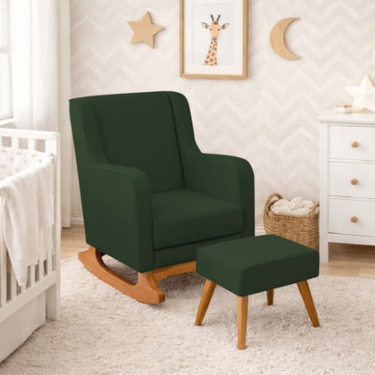 Poltrona de Amamentação Balanço e Puff Aurora Linho Verde