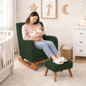 Poltrona de Amamentação Balanço e Puff Aurora Linho Verde