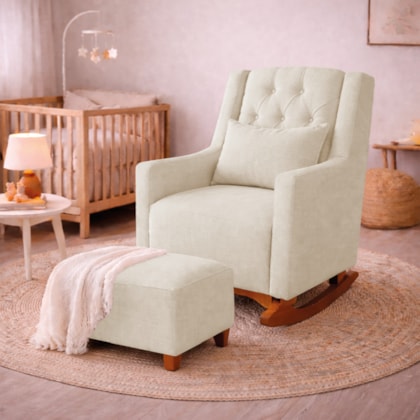 Poltrona de Amamentação Balanço e Puff Primeiro Amor Bouclé Bege