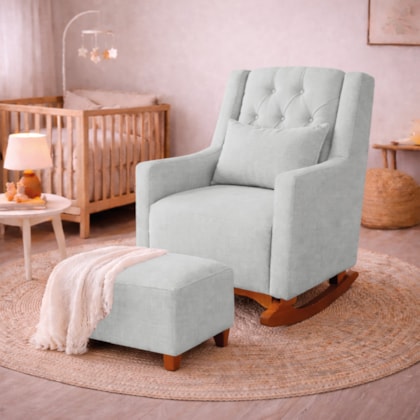 Poltrona de Amamentação Balanço e Puff Primeiro Amor Bouclé Cinza