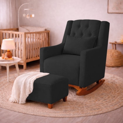 Poltrona de Amamentação Balanço e Puff Primeiro Amor Bouclé Preto