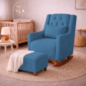 Poltrona de Amamentação Balanço e Puff Primeiro Amor Linho Azul Royal