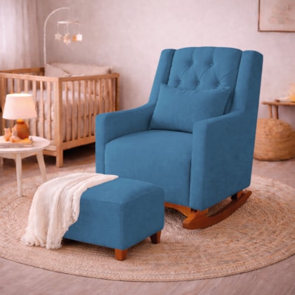 Poltrona de Amamentação Balanço e Puff Primeiro Amor Linho Azul Royal