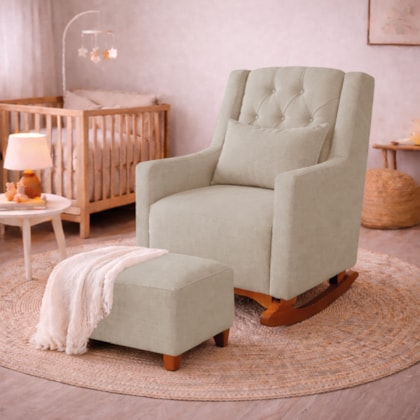Poltrona de Amamentação Balanço e Puff Primeiro Amor Linho Bege