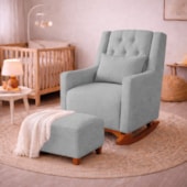 Poltrona de Amamentação Balanço e Puff Primeiro Amor Linho Cinza Claro