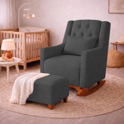Poltrona de Amamentação Balanço e Puff Primeiro Amor Linho Cinza Escuro