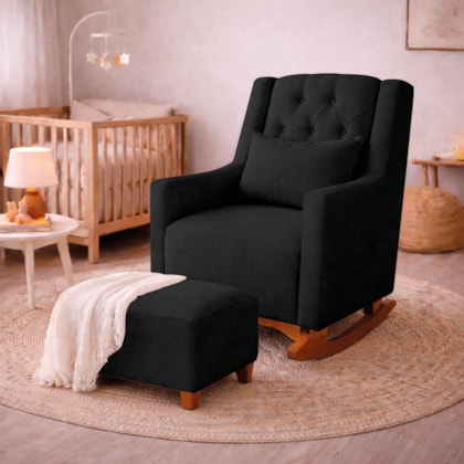 Poltrona de Amamentação Balanço e Puff Primeiro Amor Linho Preto