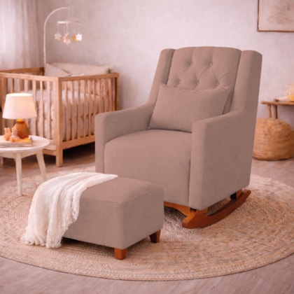 Poltrona de Amamentação Balanço e Puff Primeiro Amor Linho Rose