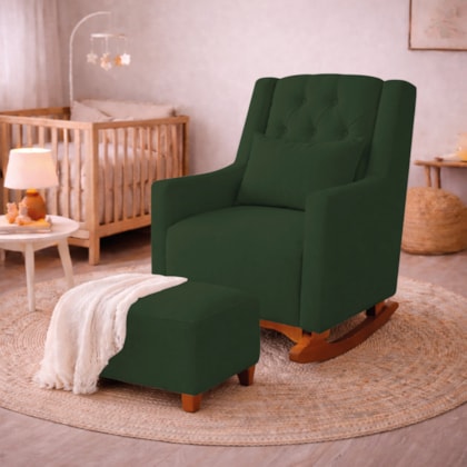 Poltrona de Amamentação Balanço e Puff Primeiro Amor Linho Verde