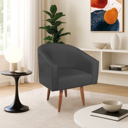 Poltrona Decorativa Jade Design Moderno Sala de Estar Quarto Escritório Confortável Luxo Pés Palito Linho Cinza Escuro