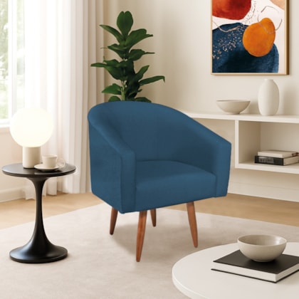 Poltrona Decorativa Jade Design Moderno Sala de Estar Quarto Escritório Confortável Luxo Pés Palito Linho Azul Royal