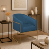 Poltrona Decorativa Jade Moderno Escritório Confortável Luxo Base de ferro Preto Linho Azul Royal