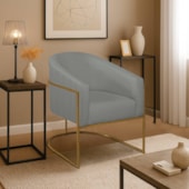 Poltrona Decorativa Jade Moderno Escritório Confortável Luxo Base de ferro Preto Linho Cinza Claro