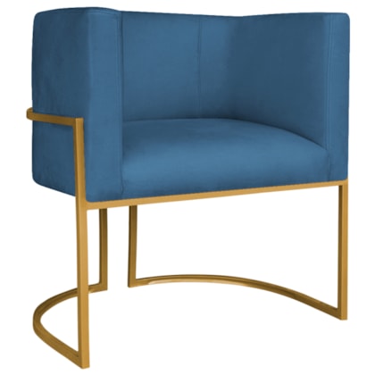 Poltrona Decorativa Luna Base de Ferro Dourado Linho Azul Royal