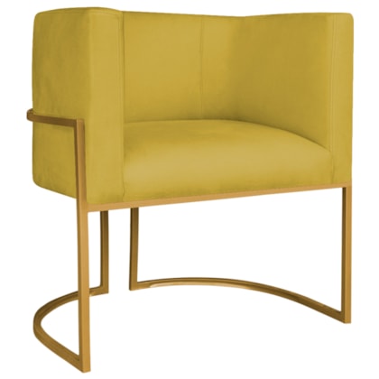 Poltrona Decorativa Luna Base de Ferro Dourado Suede Amarelo