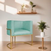 Poltrona Decorativa Luna Base de Ferro Dourado Suede Azul Ciano