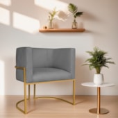 Poltrona Decorativa Luna Base de Ferro Dourado Suede Cinza
