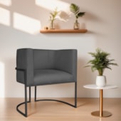 Poltrona Decorativa Luna Base de Ferro Preto Linho Cinza Escuro