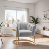 Poltrona Decorativa Sala de Estar Recepção Mavie Base de Ferro Dourado Linho Cinza Claro - Amarena Móveis