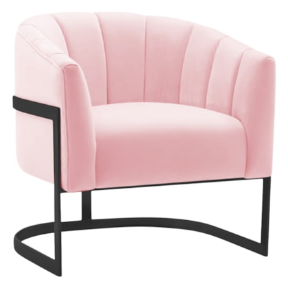 Poltrona Decorativa Sala de Estar Recepção Mavie Base de Ferro Preto Suede Rosa Bebe