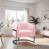 Poltrona Decorativa Sala de Estar Recepção Mavie Base de Ferro Preto Suede Rosa Bebe