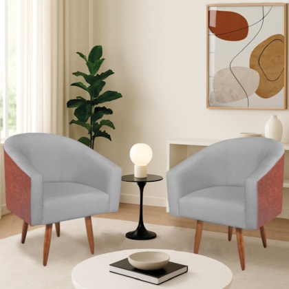 Poltrona Jade Decorativa Moderna Sala de Estar Quarto Escritório Conforto Corano Nozes e Bouclé Pés Palito Cinza