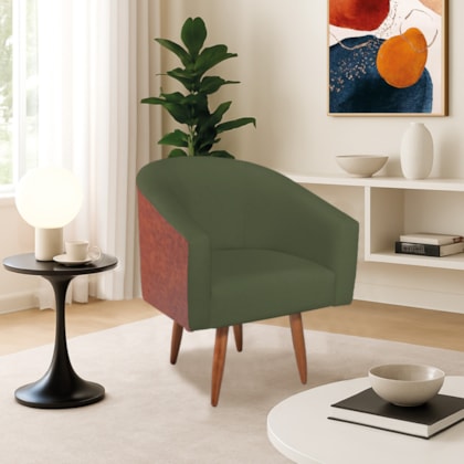 Poltrona Jade Decorativa Moderna Sala de Estar Quarto Escritório Conforto Corano Nozes e Linho Pés Palito Verde