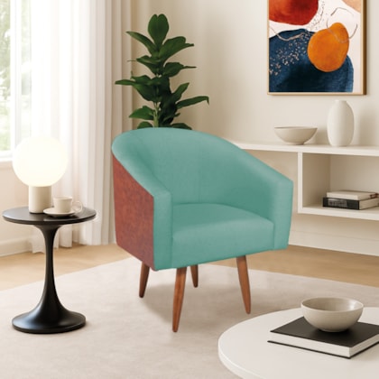 Poltrona Jade Decorativa Moderna Sala de Estar Quarto Escritório Conforto Corano Nozes e Suede Pés Palito Azul Ciano