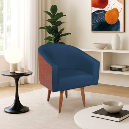 Poltrona Jade Decorativa Moderna Sala de Estar Quarto Escritório Conforto Corano Nozes e Suede Pés Palito Azul Marinho