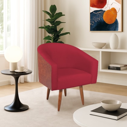 Poltrona Jade Decorativa Moderna Sala de Estar Quarto Escritório Conforto Corano Nozes e Suede Pés Palito Vermelho
