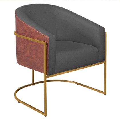 Poltrona Luiza Base de Ferro Dourado Corano Nozes e Linho Cinza Escuro - AM Decor