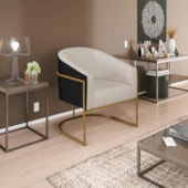 Poltrona Luiza Base de Ferro Dourado Factor Preto e Linho Bege - Amarena Móveis