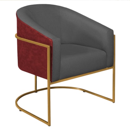 Poltrona Luiza Base de Ferro Dourado Factor Vermelho e Linho Cinza Escuro - Amarena Móveis