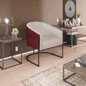 Poltrona Luiza Base de Ferro Preto Factor Vermelho e Linho Bege - Amarena Móveis