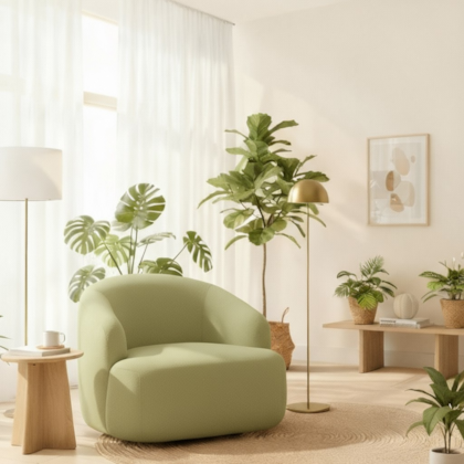 Poltrona Orgânica Luxo Recepção Lótus Bouclé Verde Oliva